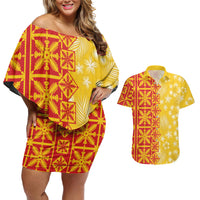 Kahili Quilt Hawaii Couples Matching Off Shoulder Short Dress and Hawaiian Shirt Tropical Flower Seamless Half Style LT14 Yellow - Polynesian Pride