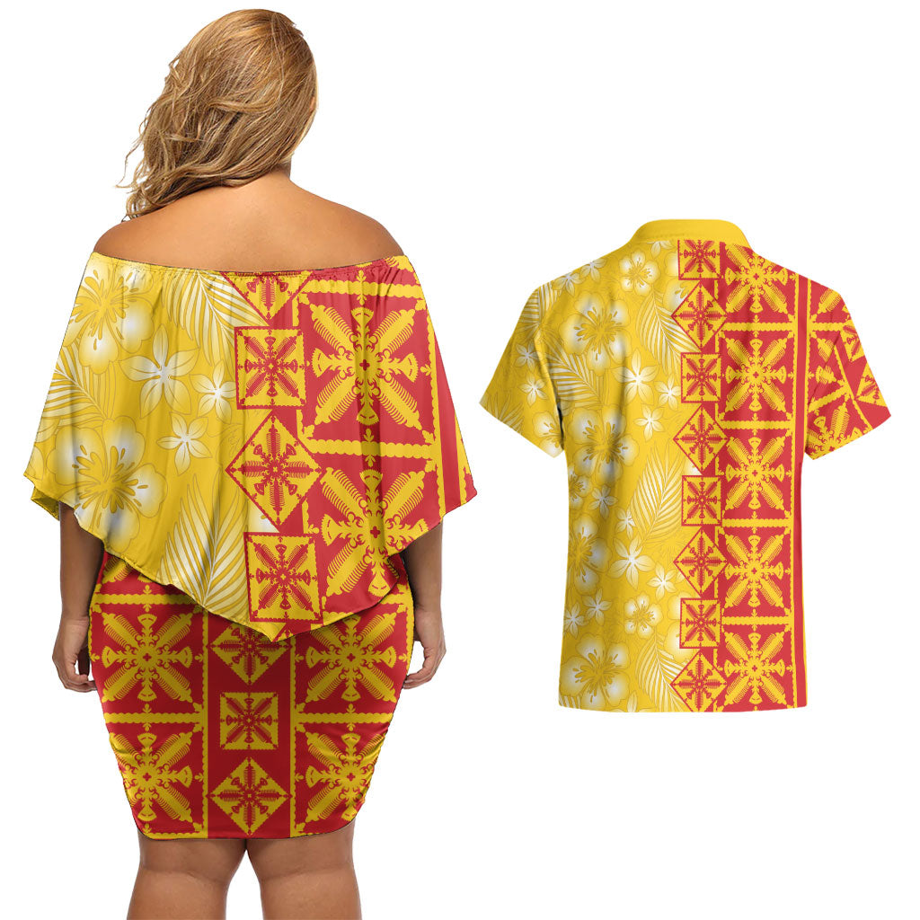 Kahili Quilt Hawaii Couples Matching Off Shoulder Short Dress and Hawaiian Shirt Tropical Flower Seamless Half Style LT14 - Polynesian Pride