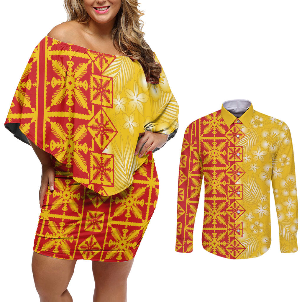Kahili Quilt Hawaii Couples Matching Off Shoulder Short Dress and Long Sleeve Button Shirt Tropical Flower Seamless Half Style LT14 Yellow - Polynesian Pride