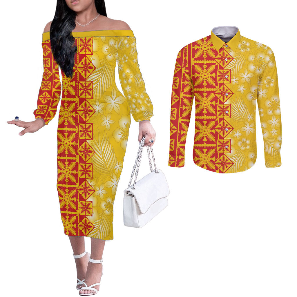 Kahili Quilt Hawaii Couples Matching Off The Shoulder Long Sleeve Dress and Long Sleeve Button Shirt Tropical Flower Seamless Half Style LT14 Yellow - Polynesian Pride