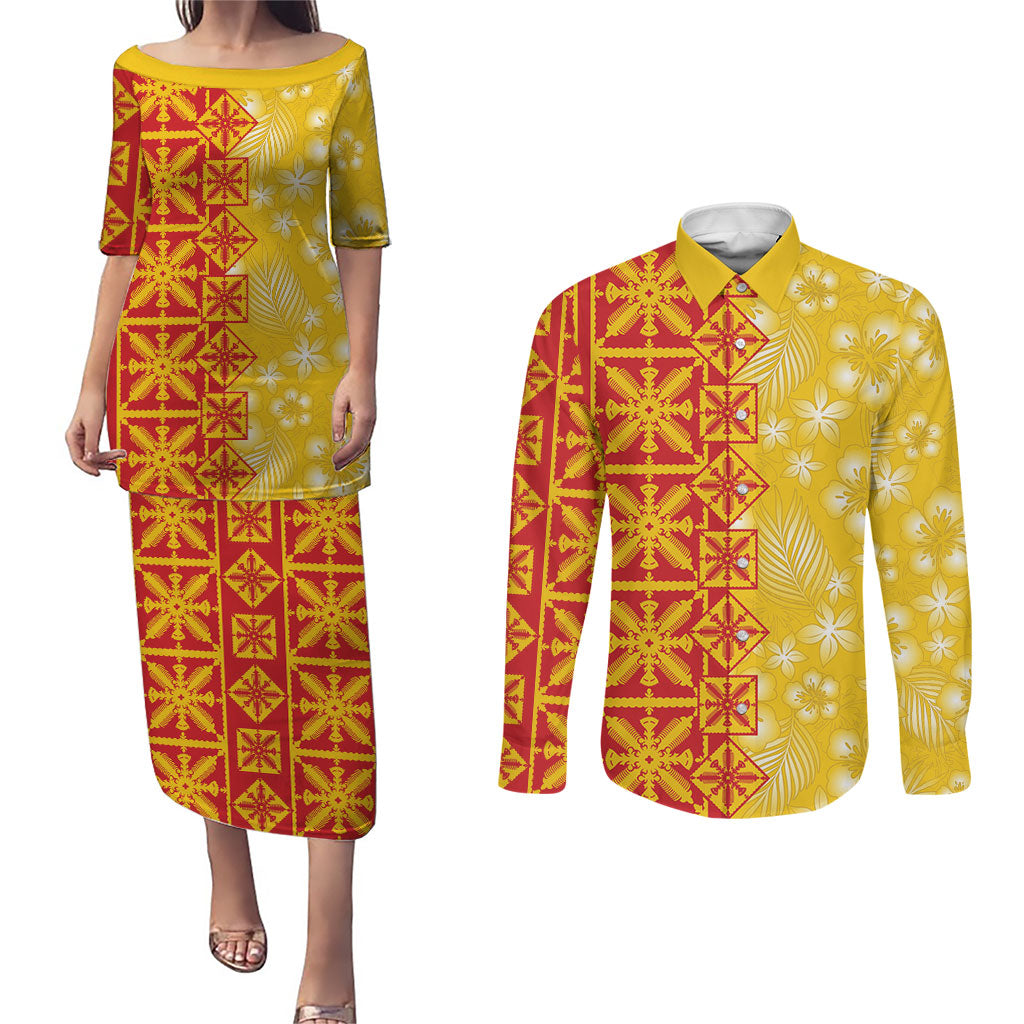 Kahili Quilt Hawaii Couples Matching Puletasi and Long Sleeve Button Shirt Tropical Flower Seamless Half Style LT14 Yellow - Polynesian Pride