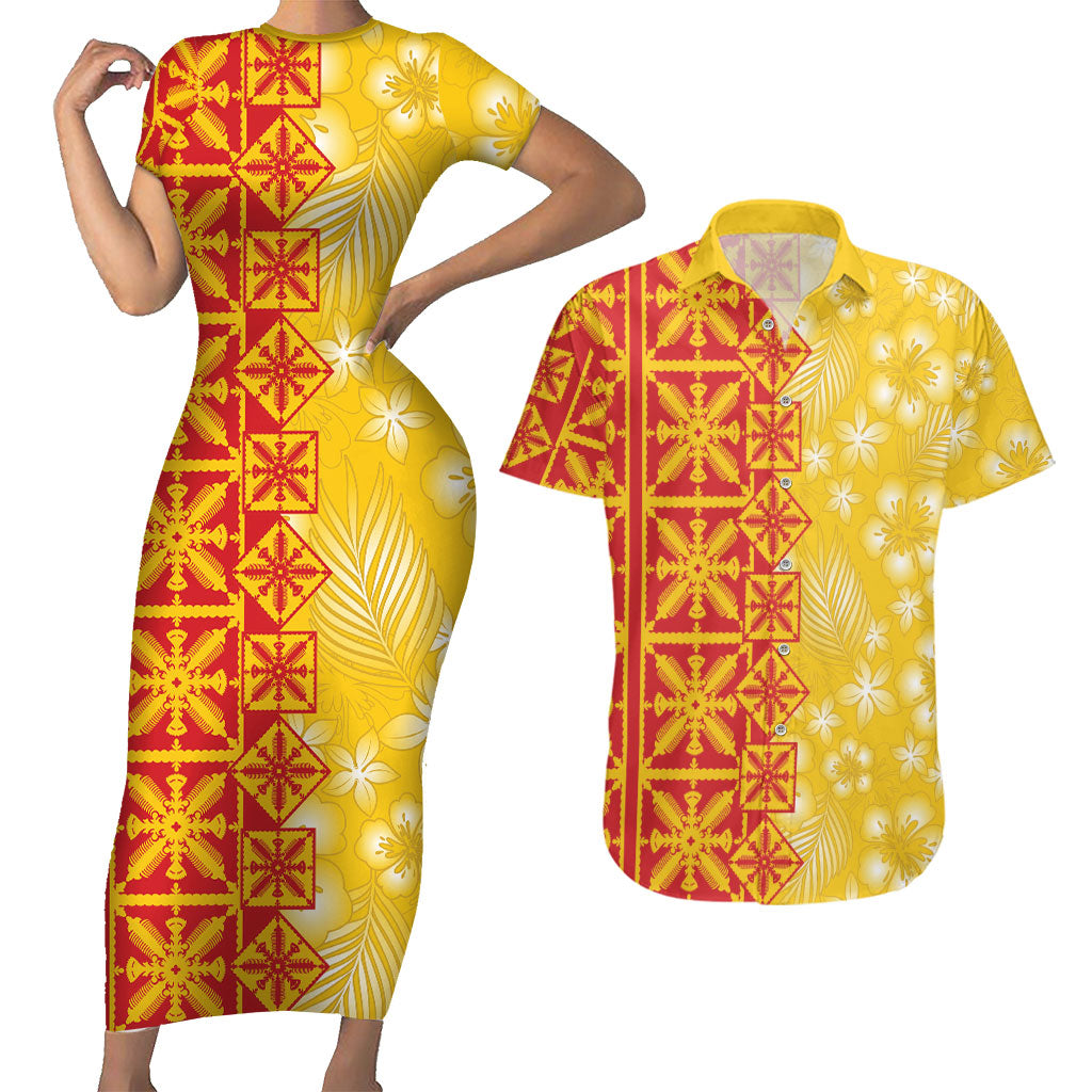 Kahili Quilt Hawaii Couples Matching Short Sleeve Bodycon Dress and Hawaiian Shirt Tropical Flower Seamless Half Style LT14 Yellow - Polynesian Pride
