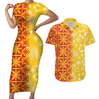 Kahili Quilt Hawaii Couples Matching Short Sleeve Bodycon Dress and Hawaiian Shirt Tropical Flower Seamless Half Style LT14 Yellow - Polynesian Pride