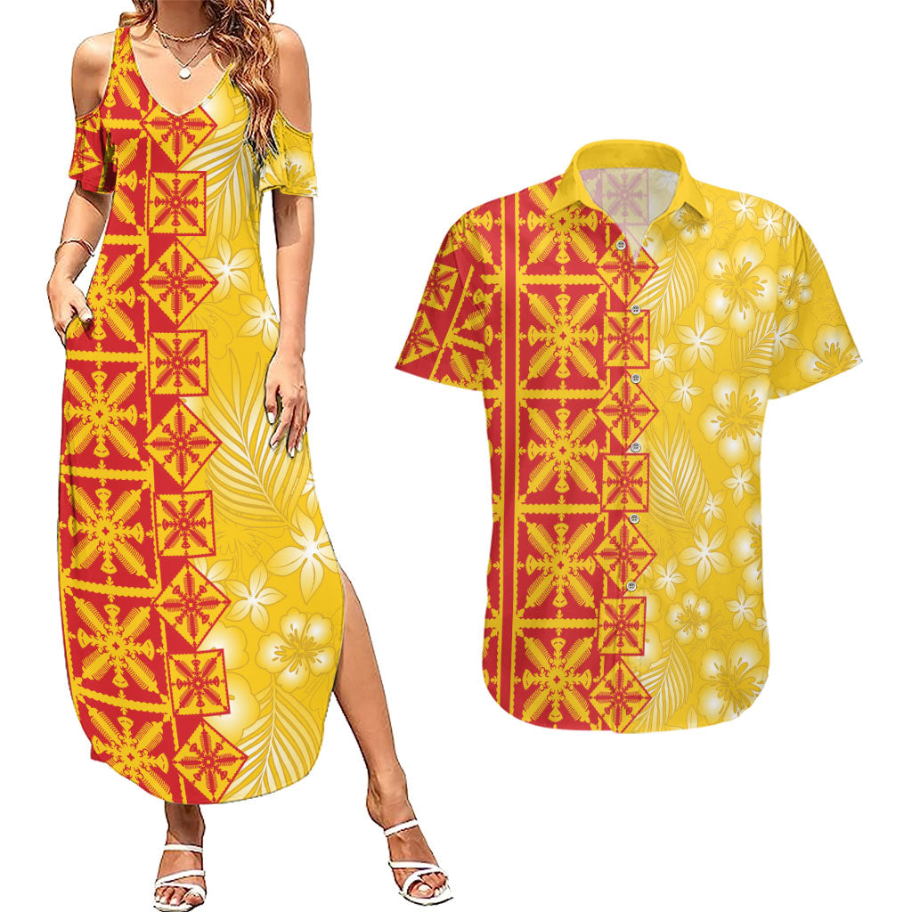 Kahili Quilt Hawaii Couples Matching Summer Maxi Dress and Hawaiian Shirt Tropical Flower Seamless Half Style LT14 Yellow - Polynesian Pride