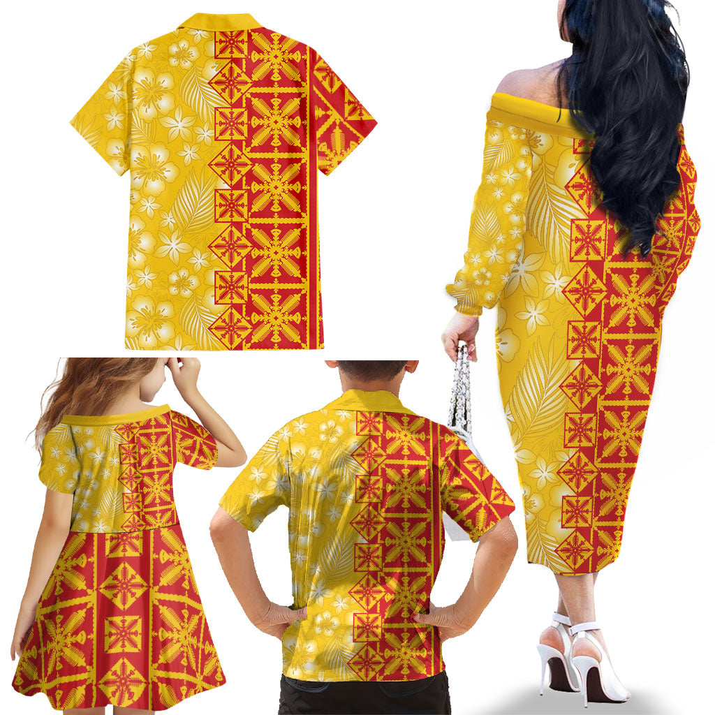 Kahili Quilt Hawaii Family Matching Off The Shoulder Long Sleeve Dress and Hawaiian Shirt Tropical Flower Seamless Half Style LT14 - Polynesian Pride