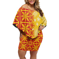 Kahili Quilt Hawaii Family Matching Off Shoulder Short Dress and Hawaiian Shirt Tropical Flower Seamless Half Style LT14 Mom's Dress Yellow - Polynesian Pride