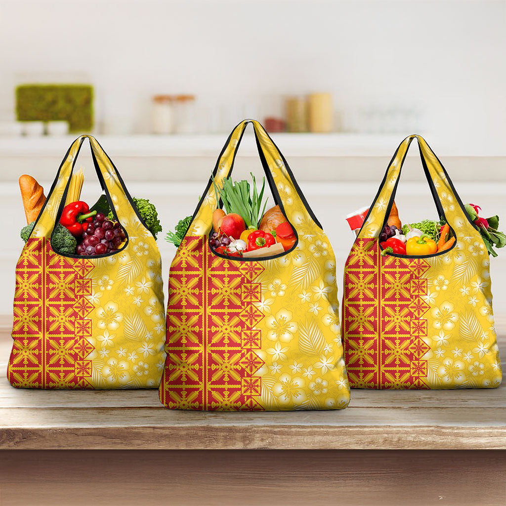 Kahili Quilt Hawaii Grocery Bag Tropical Flower Seamless Half Style LT14 3-pack One Size Yellow - Polynesian Pride