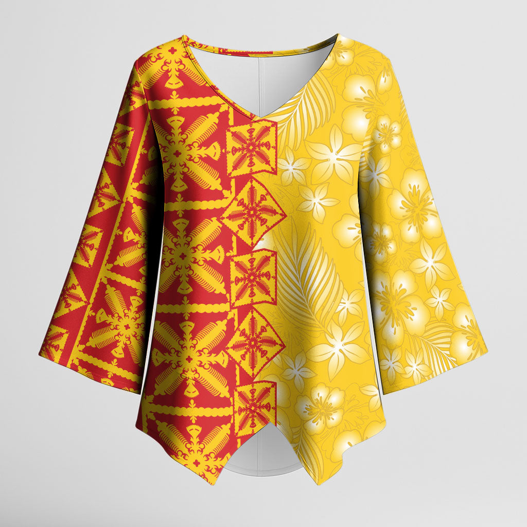 Kahili Quilt Hawaii Kimono Sleeve Blouse Tropical Flower Seamless Half Style