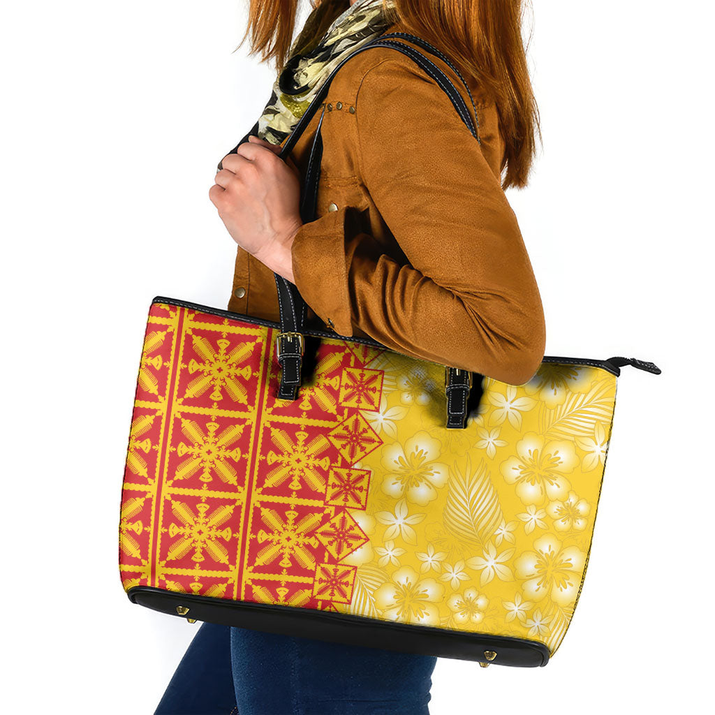 Kahili Quilt Hawaii Leather Tote Bag Tropical Flower Seamless Half Style LT14 Yellow - Polynesian Pride