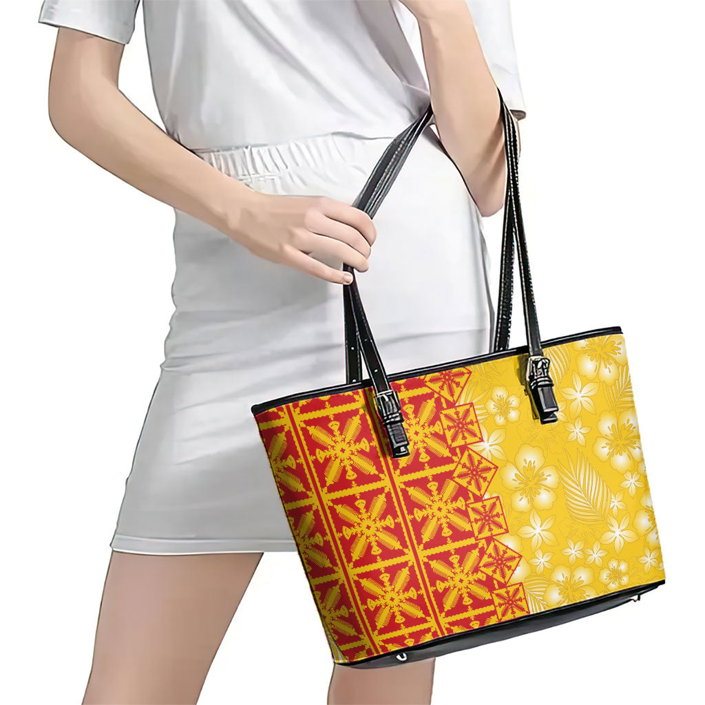 Kahili Quilt Hawaii Leather Tote Bag Tropical Flower Seamless Half Style