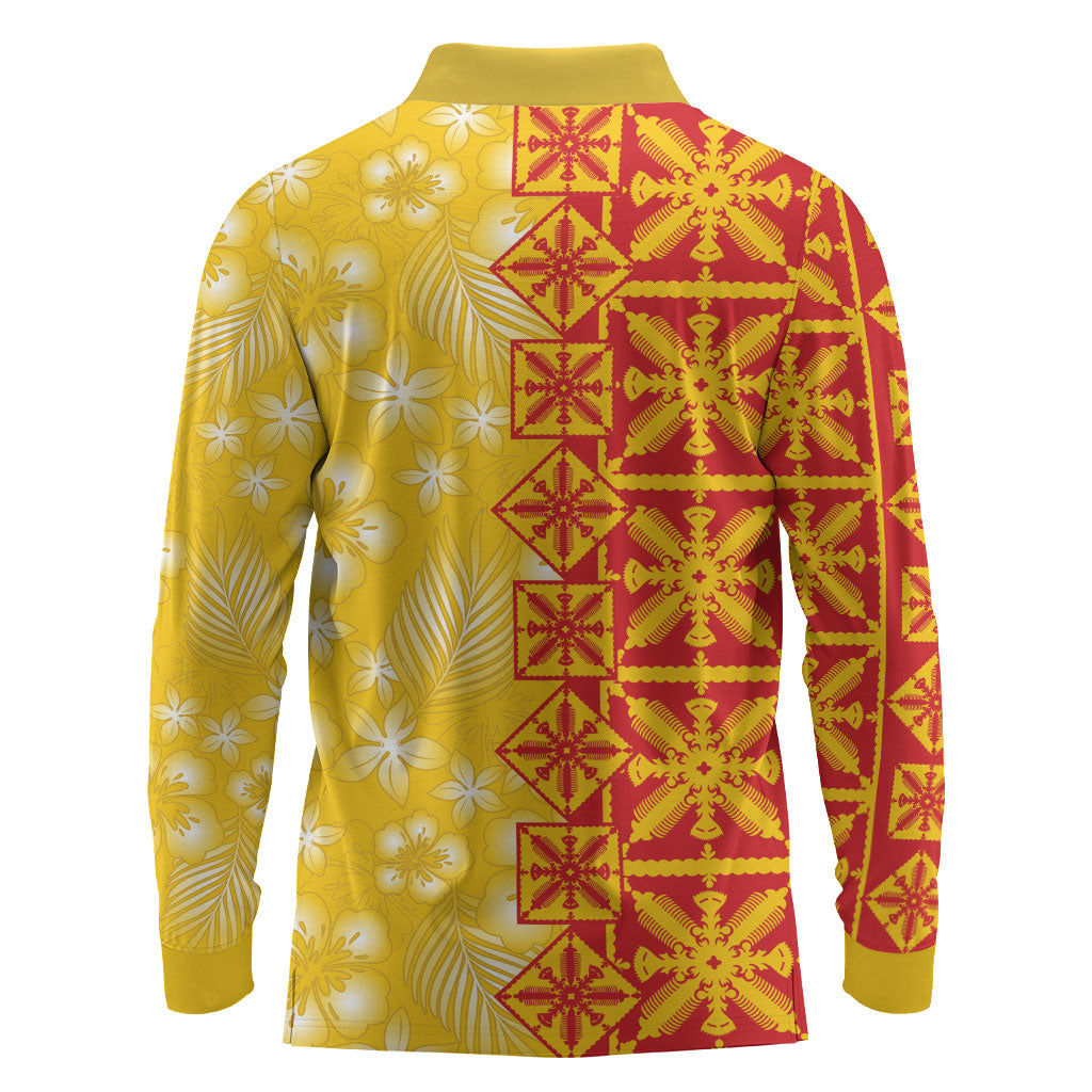 Kahili Quilt Hawaii Long Sleeve Polo Shirt Tropical Flower Seamless Half Style LT14 - Polynesian Pride