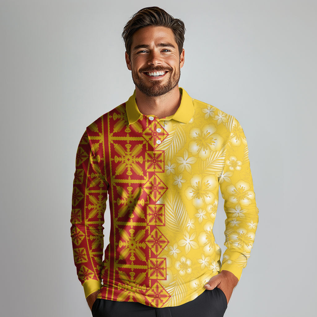 Kahili Quilt Hawaii Long Sleeve Polo Shirt Tropical Flower Seamless Half Style LT14 - Polynesian Pride