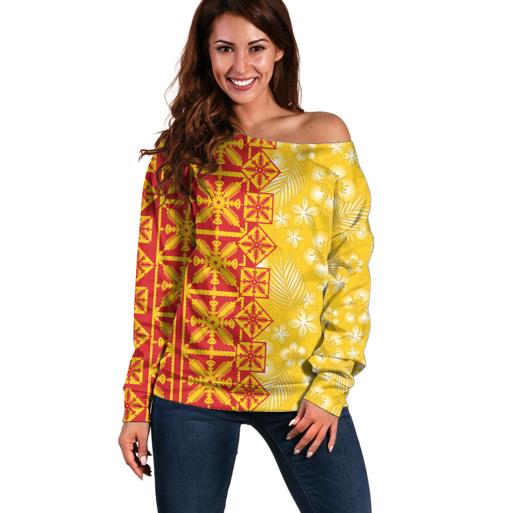 Kahili Quilt Hawaii Off Shoulder Sweater Tropical Flower Seamless Half Style