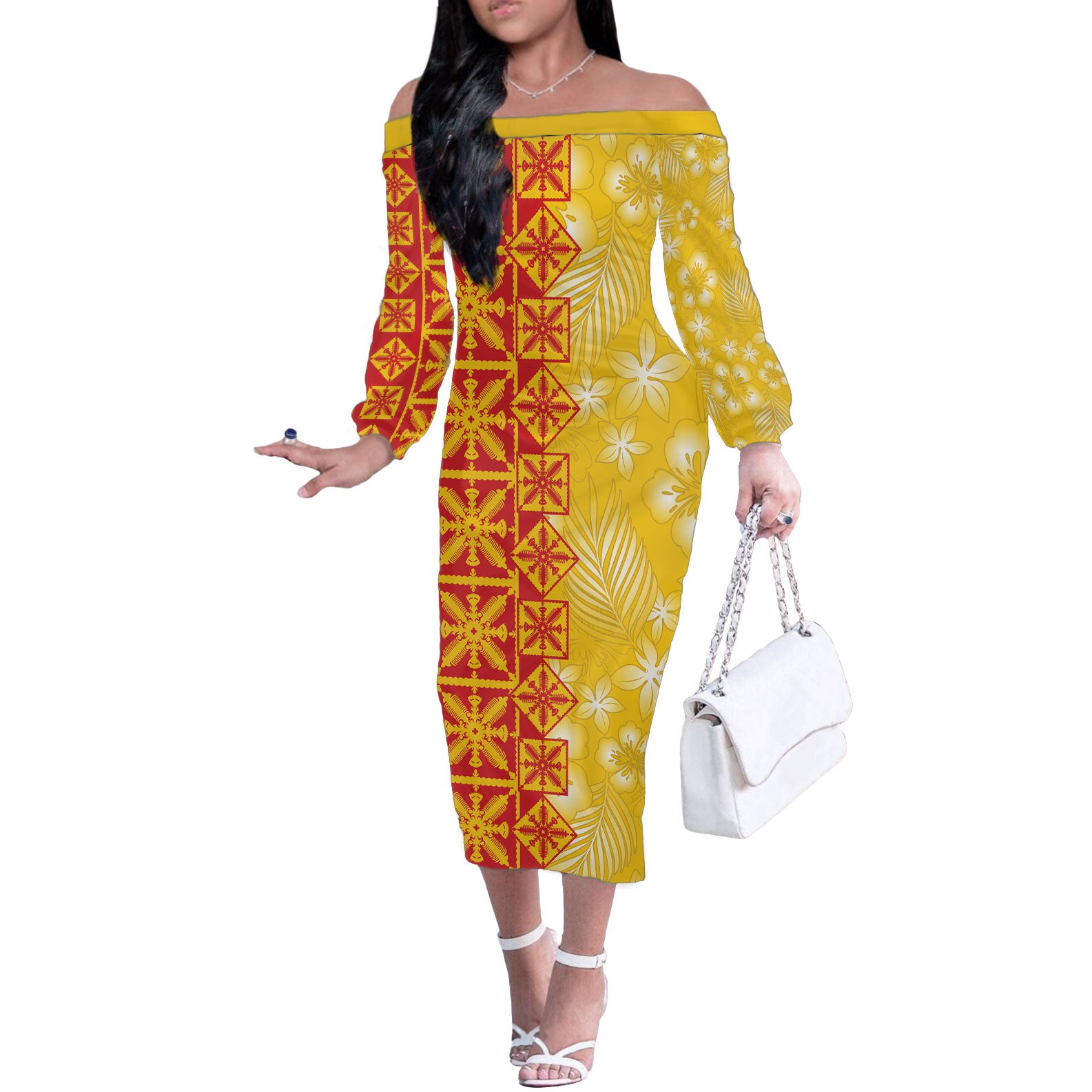 Kahili Quilt Hawaii Off The Shoulder Long Sleeve Dress Tropical Flower Seamless Half Style LT14 Women Yellow - Polynesian Pride