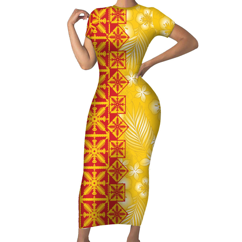 Kahili Quilt Hawaii Short Sleeve Bodycon Dress Tropical Flower Seamless Half Style LT14 Long Dress Yellow - Polynesian Pride