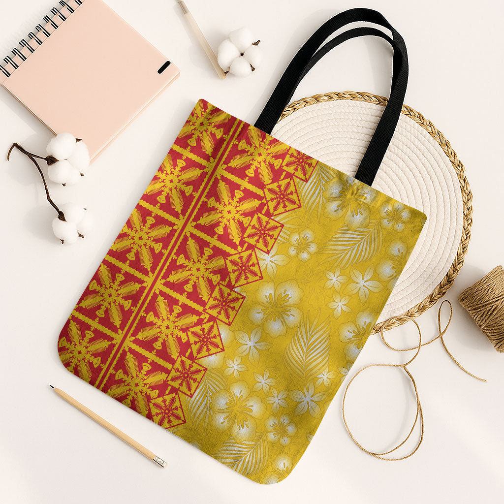 Kahili Quilt Hawaii Tote Bag Tropical Flower Seamless Half Style LT14 Black Strap One Size Yellow - Polynesian Pride
