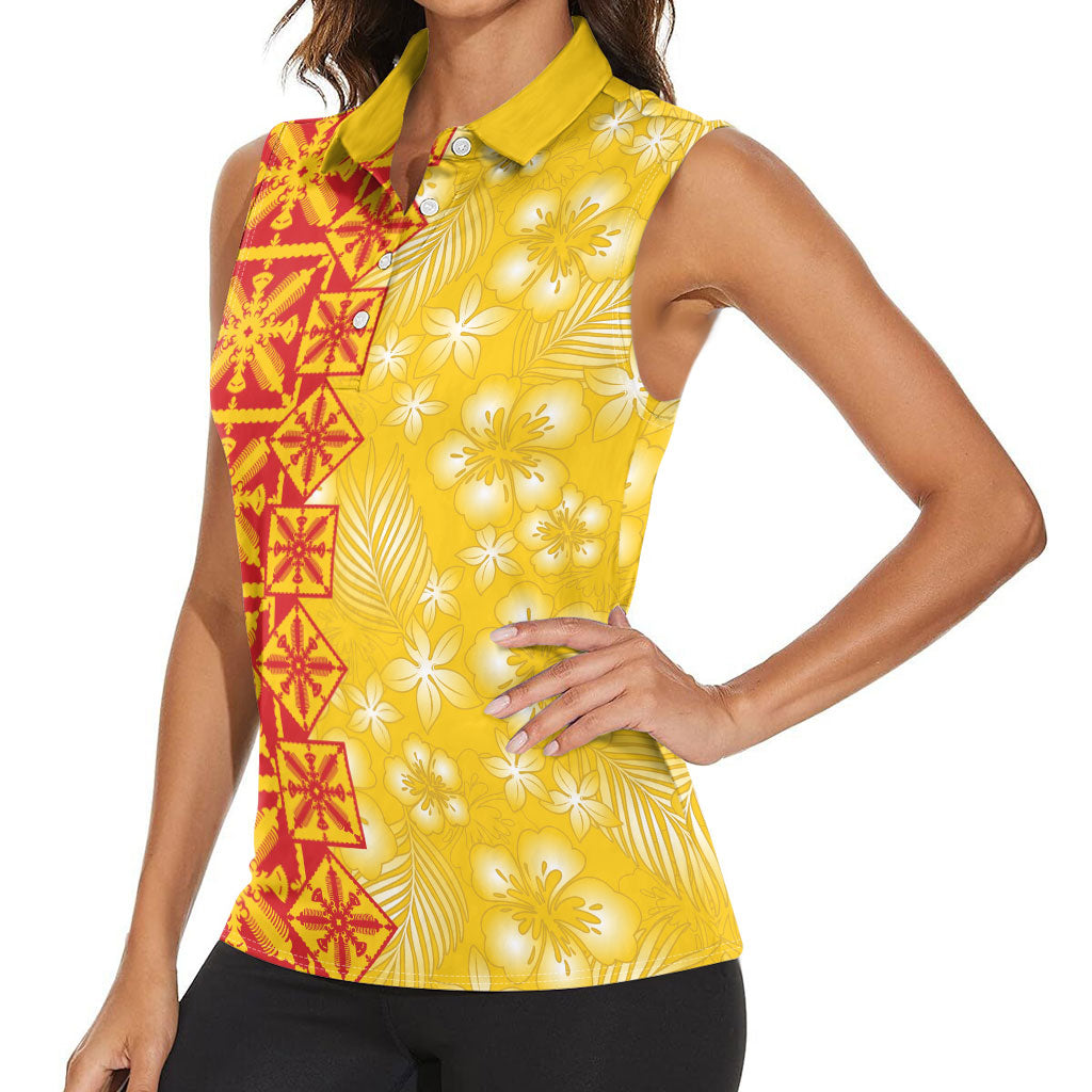 Kahili Quilt Hawaii Women Sleeveless Polo Shirt Tropical Flower Seamless Half Style