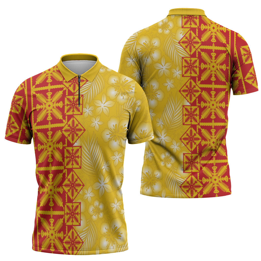 Kahili Quilt Hawaii Zipper Polo Shirt Tropical Flower Seamless Half Style LT14 - Polynesian Pride