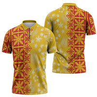 Kahili Quilt Hawaii Zipper Polo Shirt Tropical Flower Seamless Half Style LT14 - Polynesian Pride