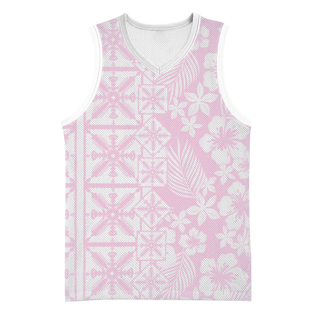 Pastel Pink Kahili Quilt Hawaii Basketball Jersey Tropical Flower Seamless Half Style LT14 Unisex Pink - Polynesian Pride