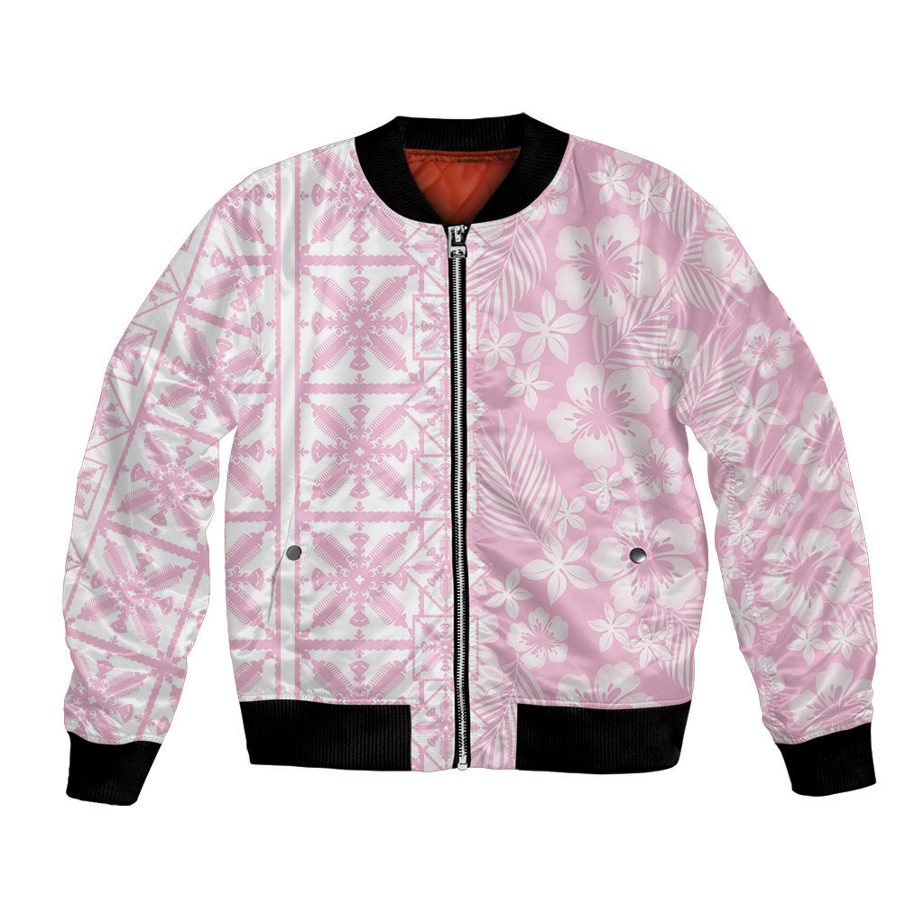 Pastel Pink Kahili Quilt Hawaii Bomber Jacket Tropical Flower Seamless Half Style