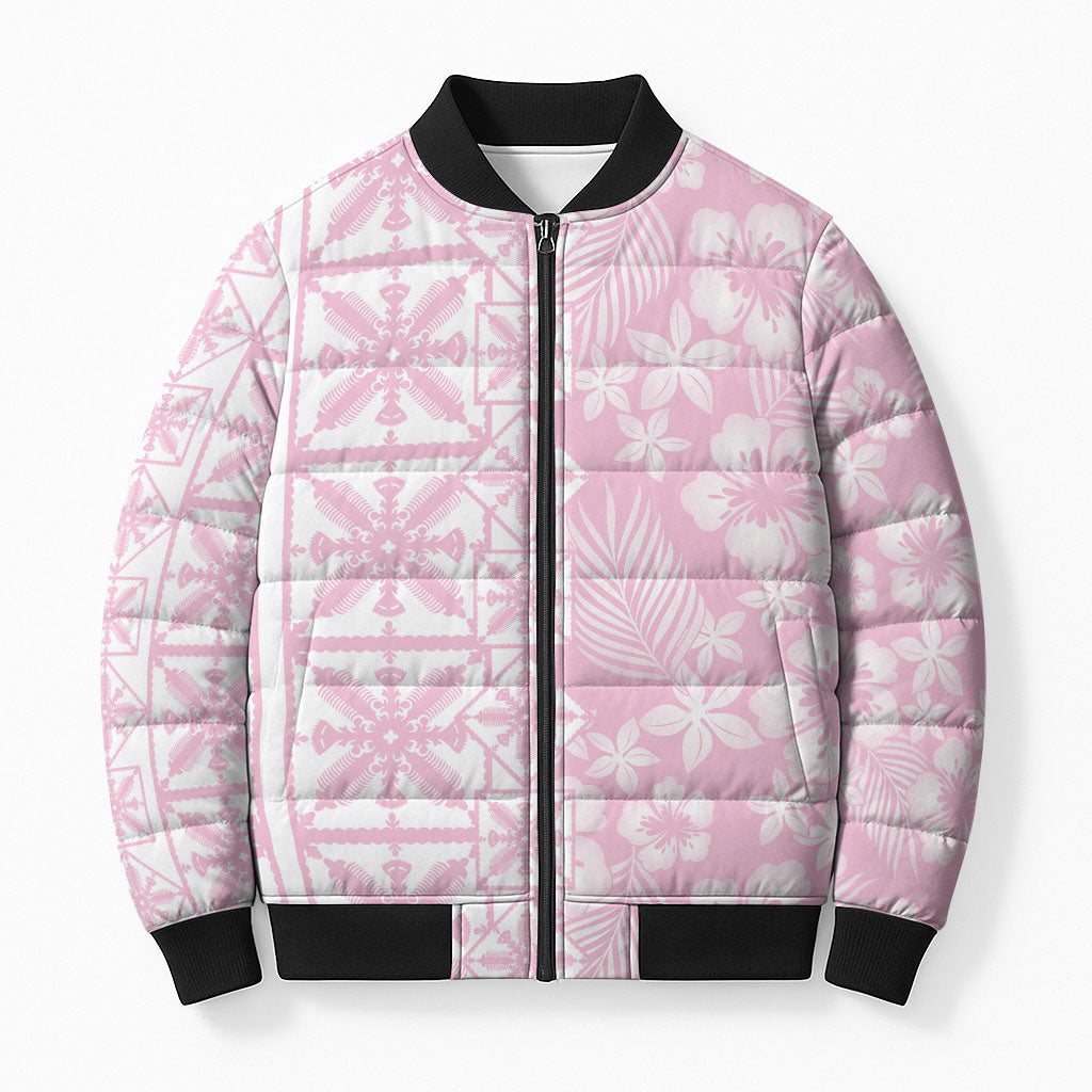 Pastel Pink Kahili Quilt Hawaii Bomber Puffer Jacket Tropical Flower Seamless Half Style