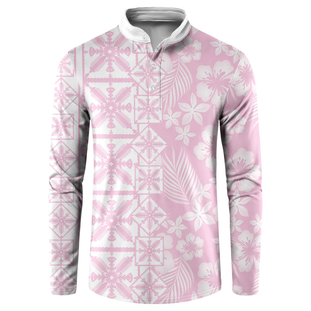 Pastel Pink Kahili Quilt Hawaii Button Sweatshirt Tropical Flower Seamless Half Style LT14 Pink - Polynesian Pride