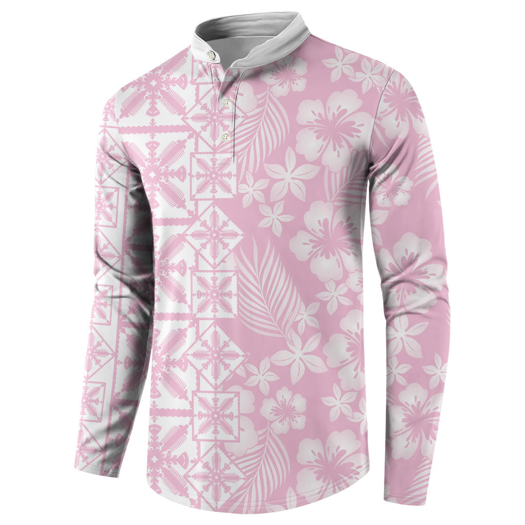 Pastel Pink Kahili Quilt Hawaii Button Sweatshirt Tropical Flower Seamless Half Style LT14 - Polynesian Pride