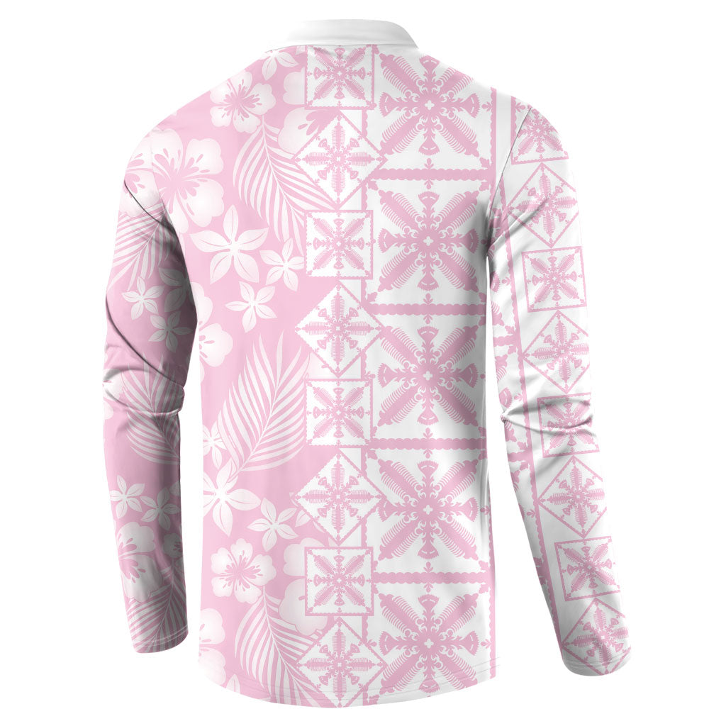 Pastel Pink Kahili Quilt Hawaii Button Sweatshirt Tropical Flower Seamless Half Style LT14 - Polynesian Pride