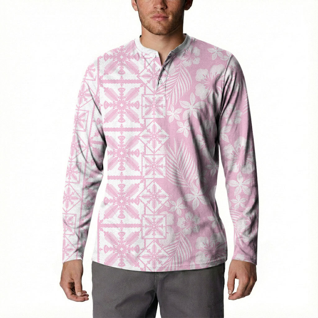 Pastel Pink Kahili Quilt Hawaii Button Sweatshirt Tropical Flower Seamless Half Style LT14 - Polynesian Pride