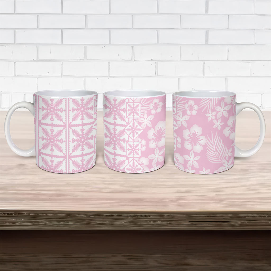 Pastel Pink Kahili Quilt Hawaii Ceramic Mug Tropical Flower Seamless Half Style LT14 - Polynesian Pride
