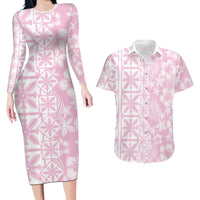 Pastel Pink Kahili Quilt Hawaii Couples Matching Long Sleeve Bodycon Dress and Hawaiian Shirt Tropical Flower Seamless Half Style LT14 Pink - Polynesian Pride