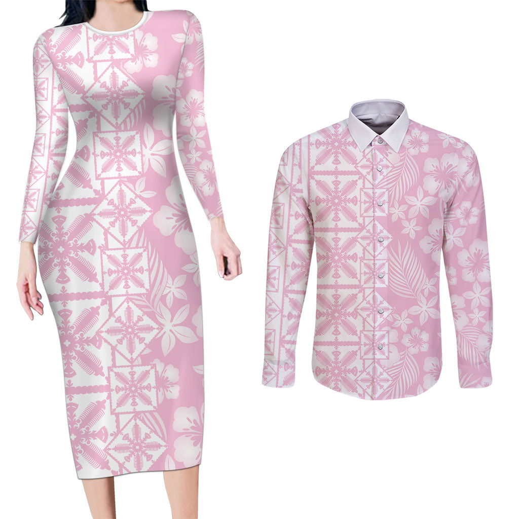 Pastel Pink Kahili Quilt Hawaii Couples Matching Long Sleeve Bodycon Dress and Long Sleeve Button Shirt Tropical Flower Seamless Half Style LT14 Pink - Polynesian Pride