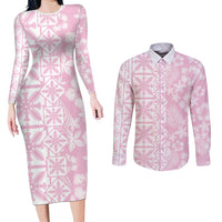 Pastel Pink Kahili Quilt Hawaii Couples Matching Long Sleeve Bodycon Dress and Long Sleeve Button Shirt Tropical Flower Seamless Half Style LT14 Pink - Polynesian Pride