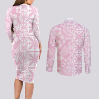 Pastel Pink Kahili Quilt Hawaii Couples Matching Long Sleeve Bodycon Dress and Long Sleeve Button Shirt Tropical Flower Seamless Half Style LT14 - Polynesian Pride