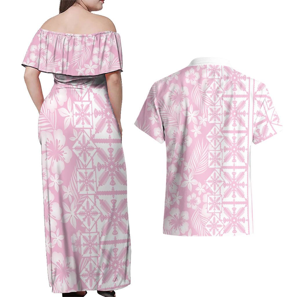 Pastel Pink Kahili Quilt Hawaii Couples Matching Off Shoulder Maxi Dress and Hawaiian Shirt Tropical Flower Seamless Half Style LT14 - Polynesian Pride