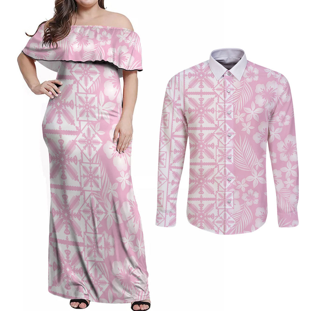 Pastel Pink Kahili Quilt Hawaii Couples Matching Off Shoulder Maxi Dress and Long Sleeve Button Shirt Tropical Flower Seamless Half Style LT14 Pink - Polynesian Pride