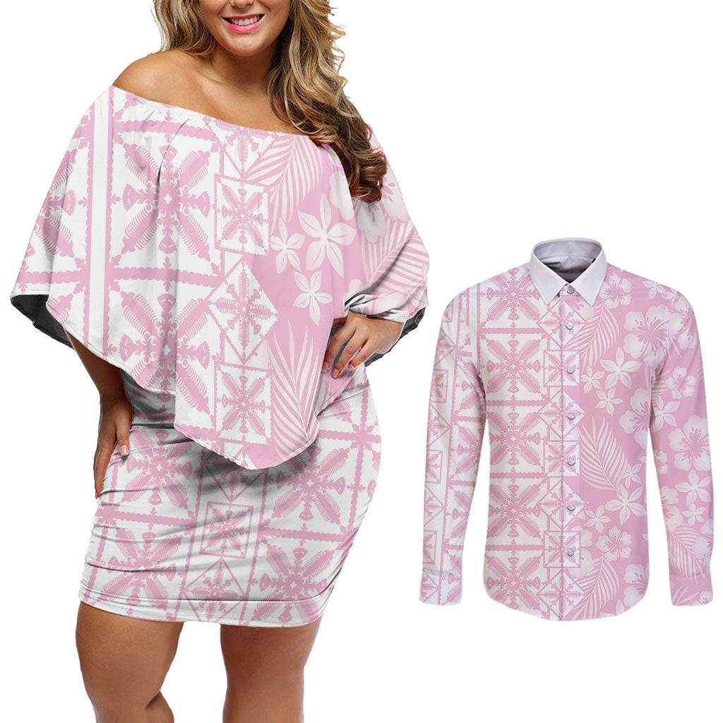 Pastel Pink Kahili Quilt Hawaii Couples Matching Off Shoulder Short Dress and Long Sleeve Button Shirt Tropical Flower Seamless Half Style LT14 Pink - Polynesian Pride