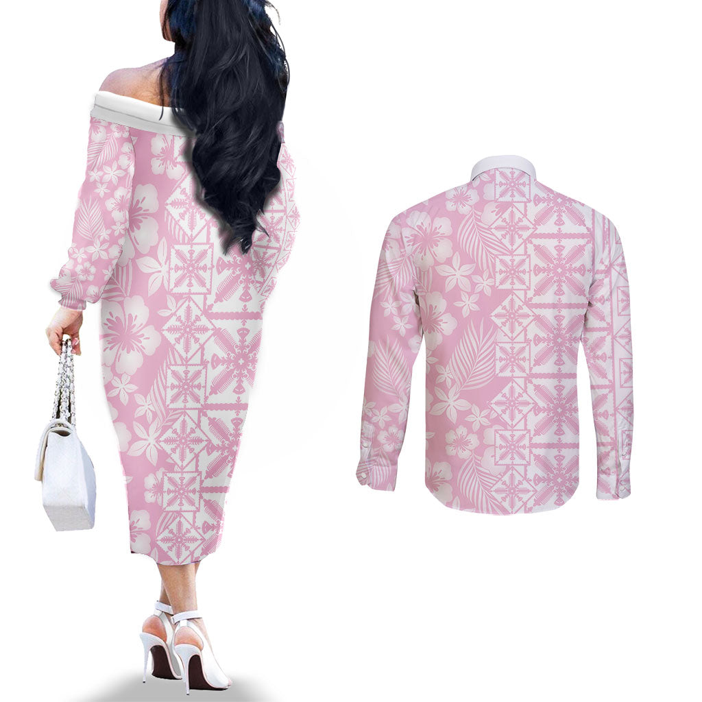 Pastel Pink Kahili Quilt Hawaii Couples Matching Off The Shoulder Long Sleeve Dress and Long Sleeve Button Shirt Tropical Flower Seamless Half Style LT14 - Polynesian Pride