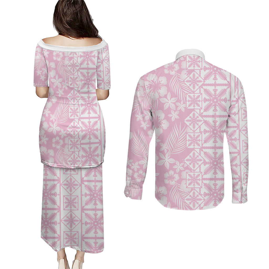 Pastel Pink Kahili Quilt Hawaii Couples Matching Puletasi and Long Sleeve Button Shirt Tropical Flower Seamless Half Style