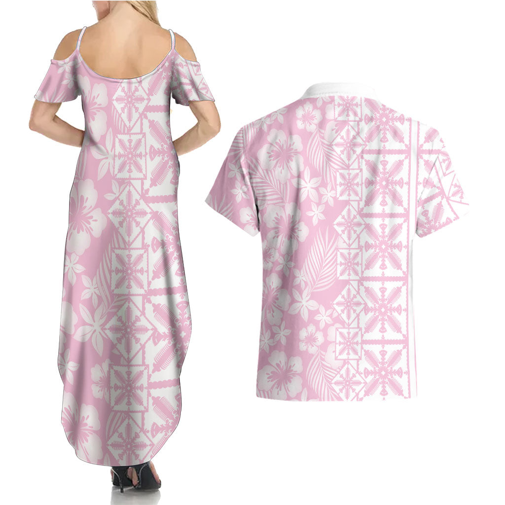 Pastel Pink Kahili Quilt Hawaii Couples Matching Summer Maxi Dress and Hawaiian Shirt Tropical Flower Seamless Half Style LT14 - Polynesian Pride
