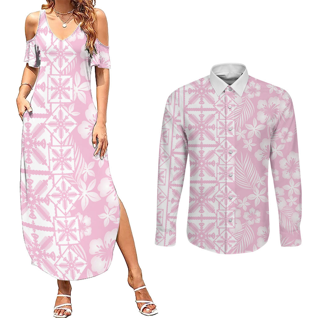 Pastel Pink Kahili Quilt Hawaii Couples Matching Summer Maxi Dress and Long Sleeve Button Shirt Tropical Flower Seamless Half Style LT14 Pink - Polynesian Pride
