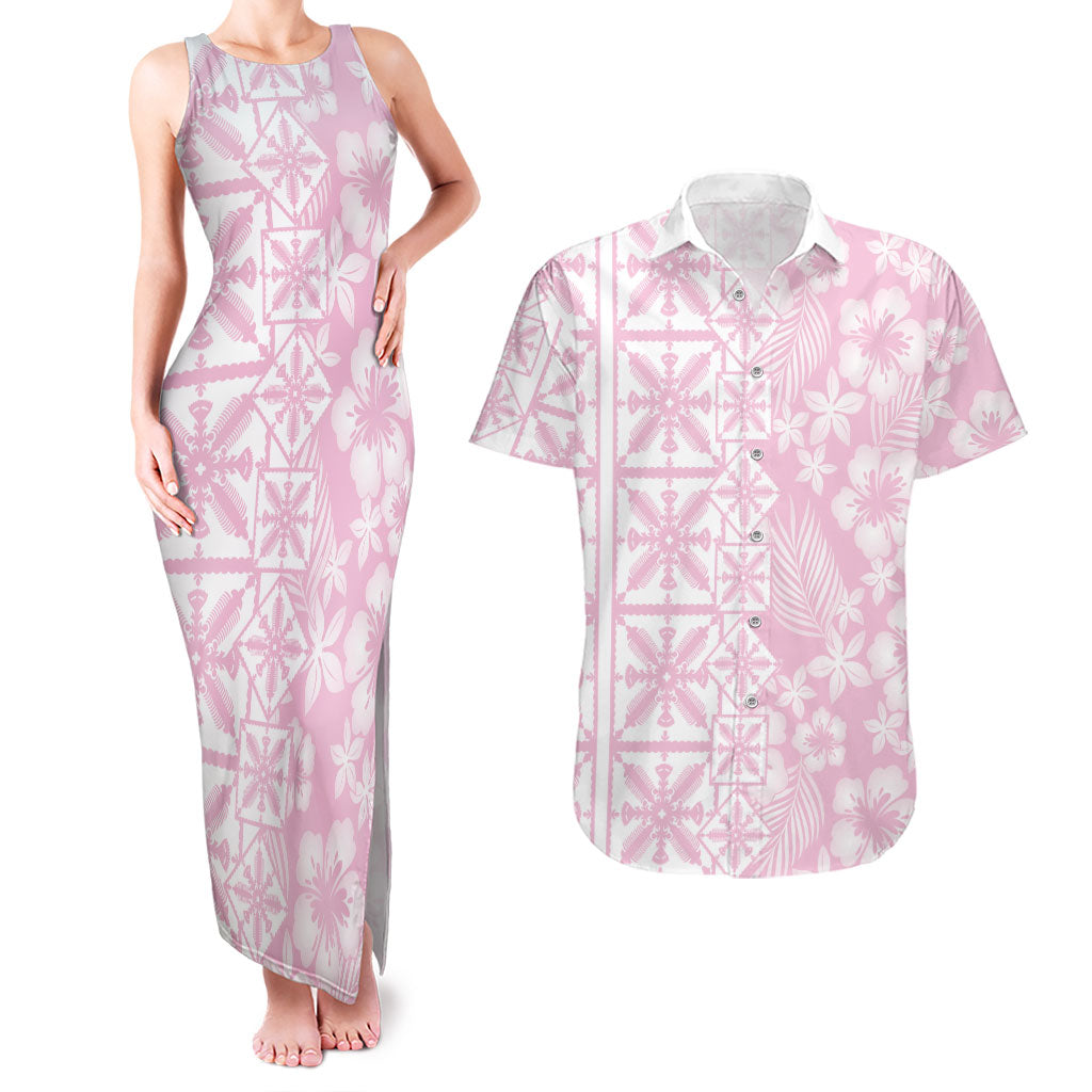 Pastel Pink Kahili Quilt Hawaii Couples Matching Tank Maxi Dress and Hawaiian Shirt Tropical Flower Seamless Half Style LT14 Pink - Polynesian Pride