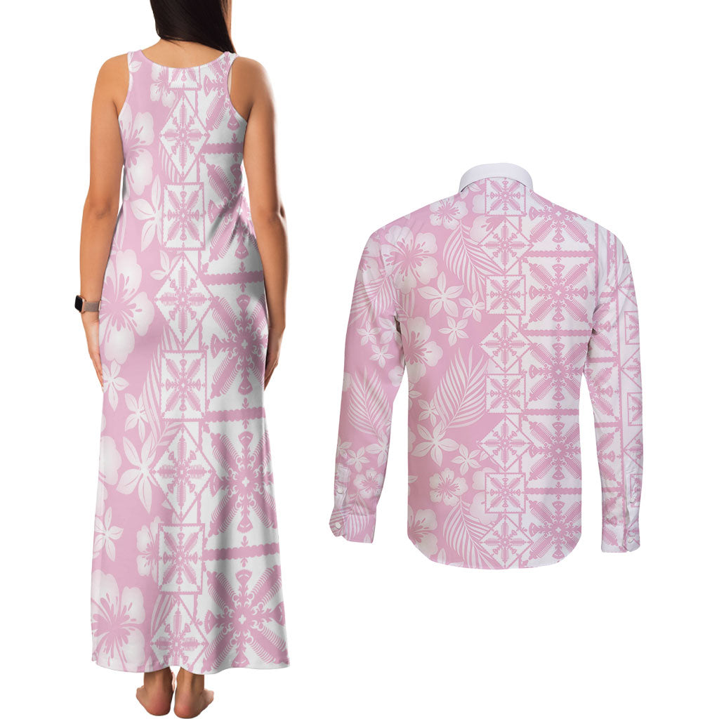 Pastel Pink Kahili Quilt Hawaii Couples Matching Tank Maxi Dress and Long Sleeve Button Shirt Tropical Flower Seamless Half Style LT14 - Polynesian Pride