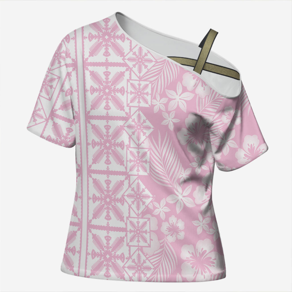 Pastel Pink Kahili Quilt Hawaii Cross Shoulder Shirt Tropical Flower Seamless Half Style LT14 Female Pink - Polynesian Pride