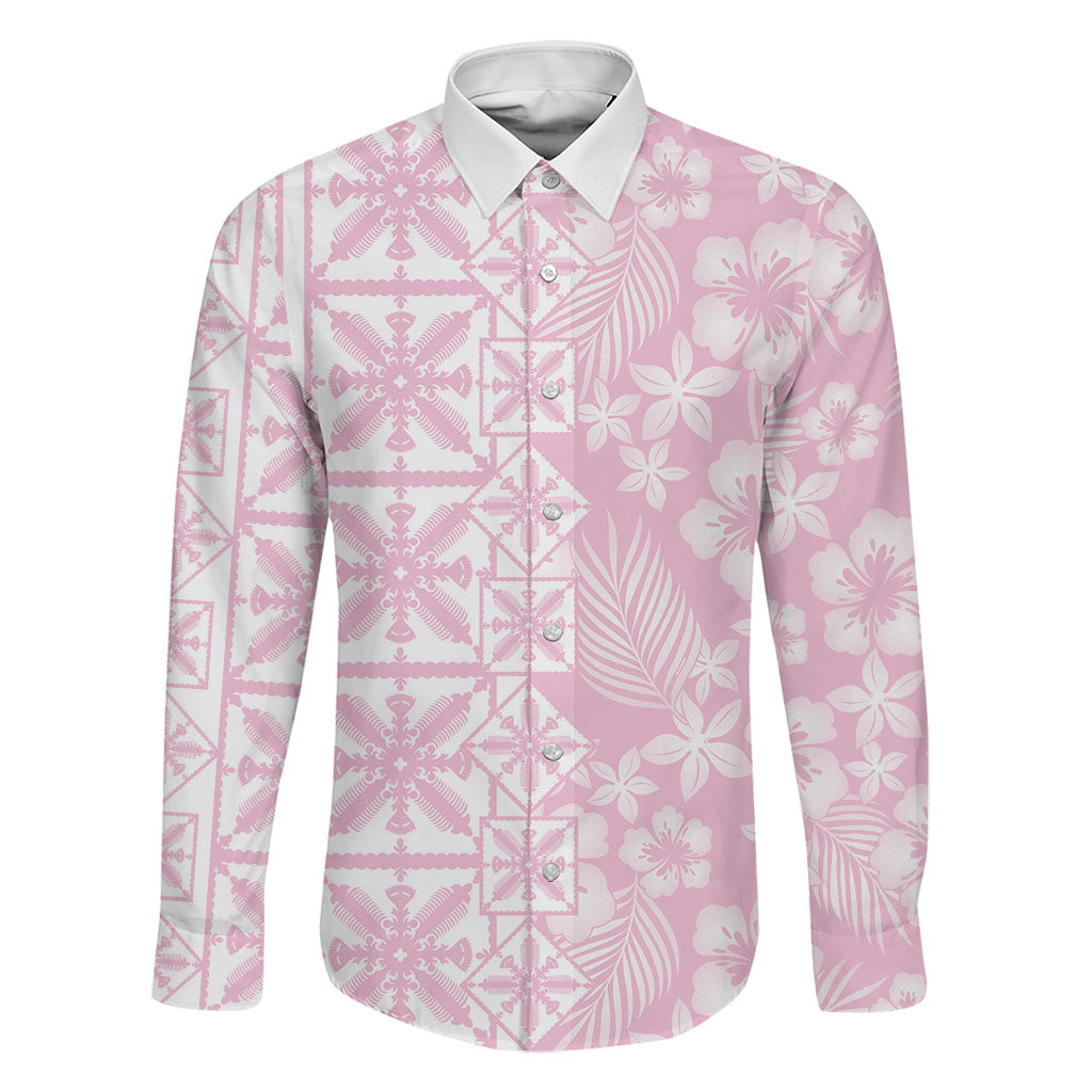 Pastel Pink Kahili Quilt Hawaii Family Matching Mermaid Dress and Hawaiian Shirt Tropical Flower Seamless Half Style LT14 Dad's Shirt - Long Sleeve Pink - Polynesian Pride