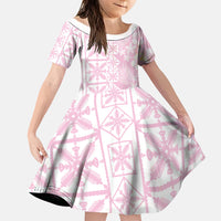 Pastel Pink Kahili Quilt Hawaii Family Matching Off The Shoulder Long Sleeve Dress and Hawaiian Shirt Tropical Flower Seamless Half Style LT14 Daughter's Dress Pink - Polynesian Pride