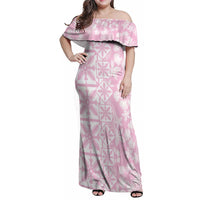 Pastel Pink Kahili Quilt Hawaii Family Matching Off Shoulder Maxi Dress and Hawaiian Shirt Tropical Flower Seamless Half Style LT14 Mom's Dress Pink - Polynesian Pride