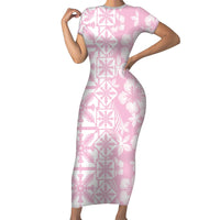 Pastel Pink Kahili Quilt Hawaii Family Matching Short Sleeve Bodycon Dress and Hawaiian Shirt Tropical Flower Seamless Half Style LT14 Mom's Dress Pink - Polynesian Pride