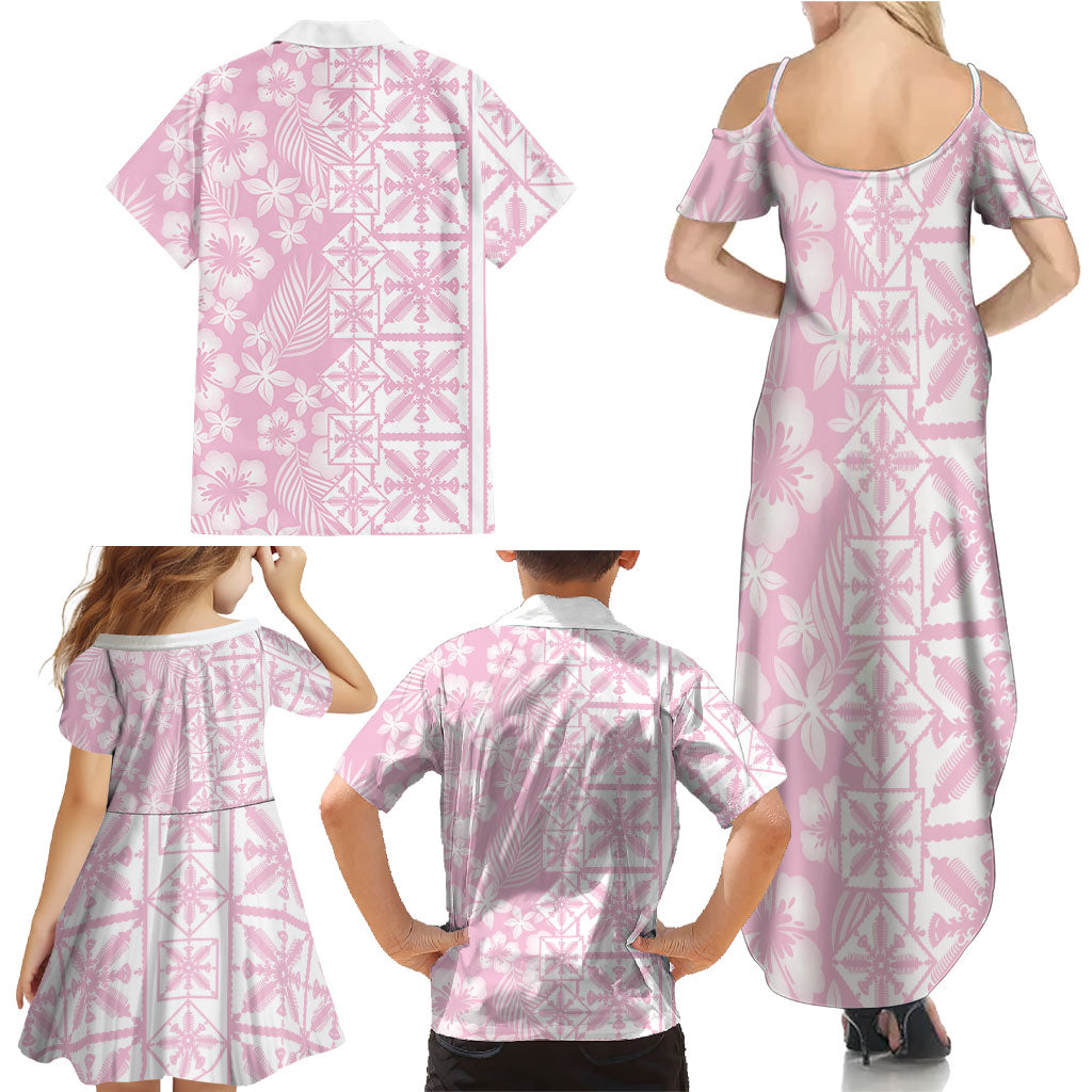 Pastel Pink Kahili Quilt Hawaii Family Matching Summer Maxi Dress and Hawaiian Shirt Tropical Flower Seamless Half Style LT14 - Polynesian Pride